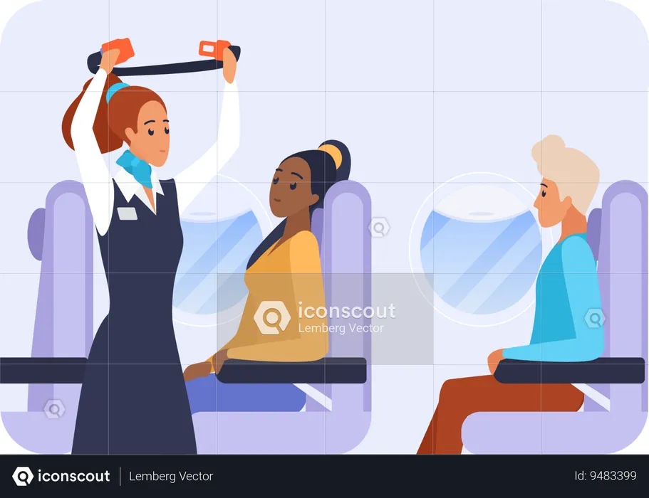 Flight attendant ask passengers to fasten the belt  Illustration