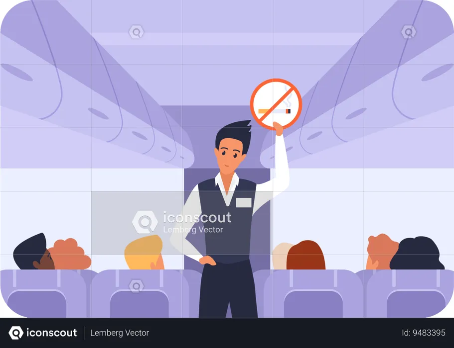 Flight attendant ask passengers to no smoking on flight  Illustration