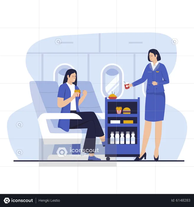 Flight attendants serve passengers on the plane  Illustration