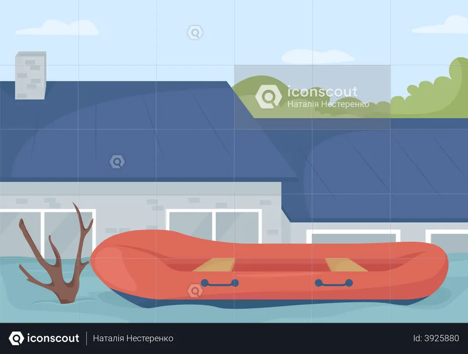 Floating flood rescue boat  Illustration