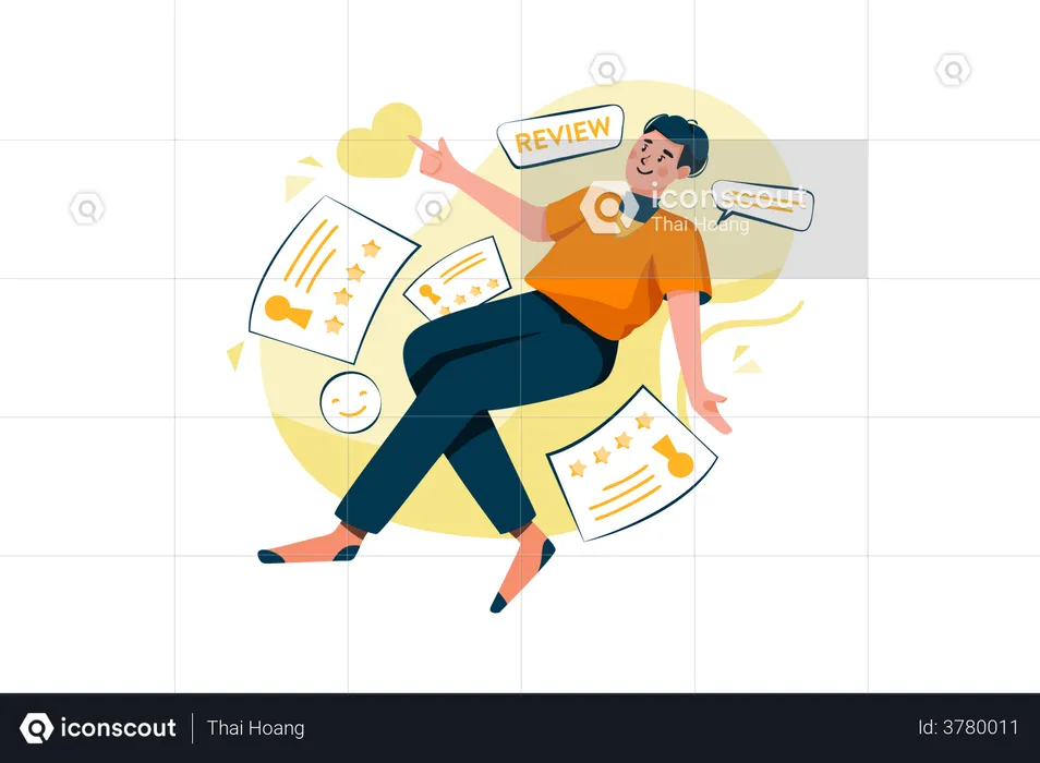 Floating man with many positive reviews  Illustration