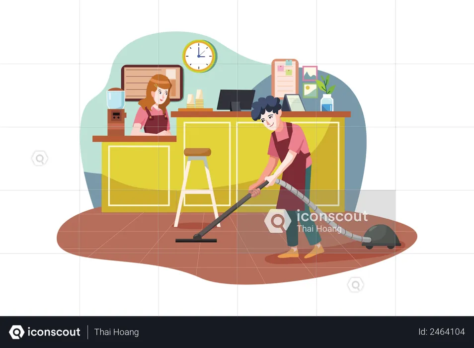 Floor cleaner working in a coffee shop  Illustration