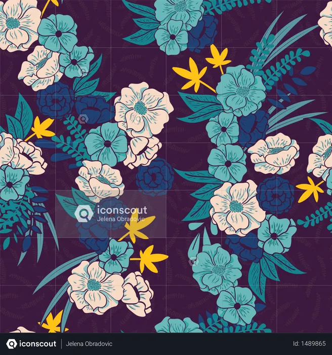 Floral jungle with snakes seamless pattern, tropical flowers and leaves, botanical hand drawn vibrant  Illustration