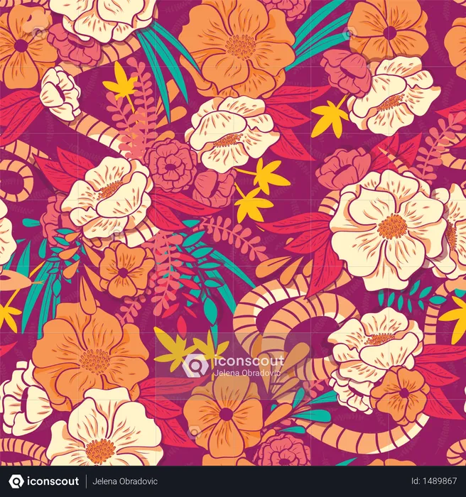 Floral jungle with snakes seamless pattern, tropical flowers and leaves, botanical hand drawn vibrant  Illustration