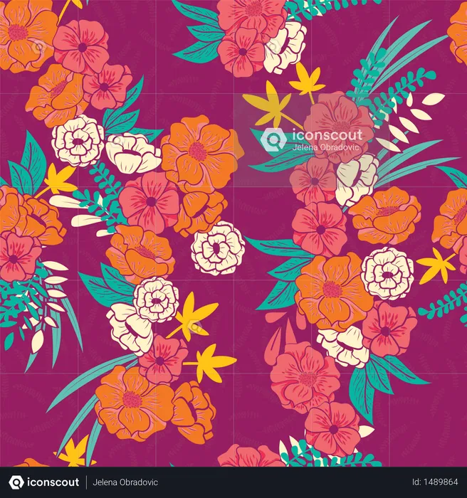 Floral jungle with snakes seamless pattern, tropical flowers and leaves, botanical hand drawn vibrant  Illustration