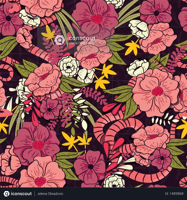 Floral jungle with snakes seamless pattern, tropical flowers and leaves, botanical hand drawn vibrant  Illustration