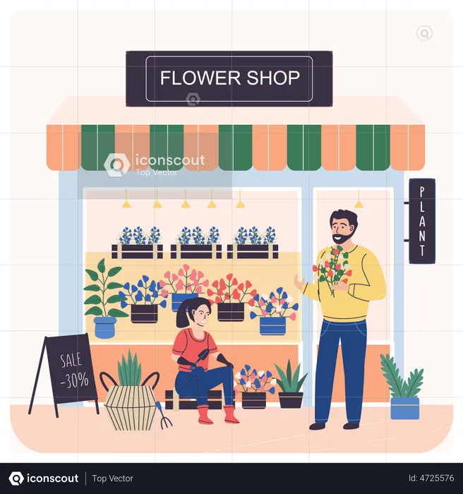 Floristería masculina vendiendo flores  Ilustración