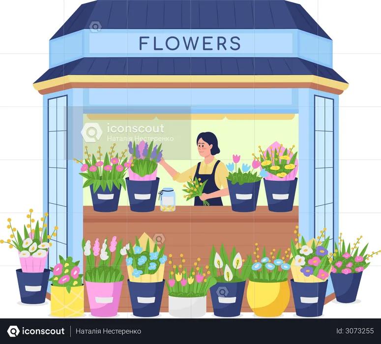 Florist in flower kiosk  Illustration