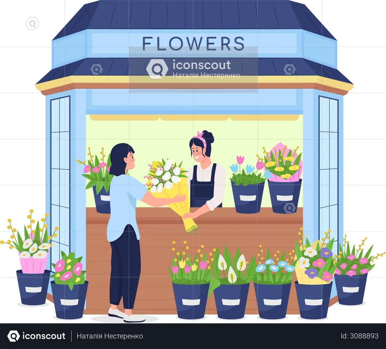Florist selling flowers to customer  Illustration