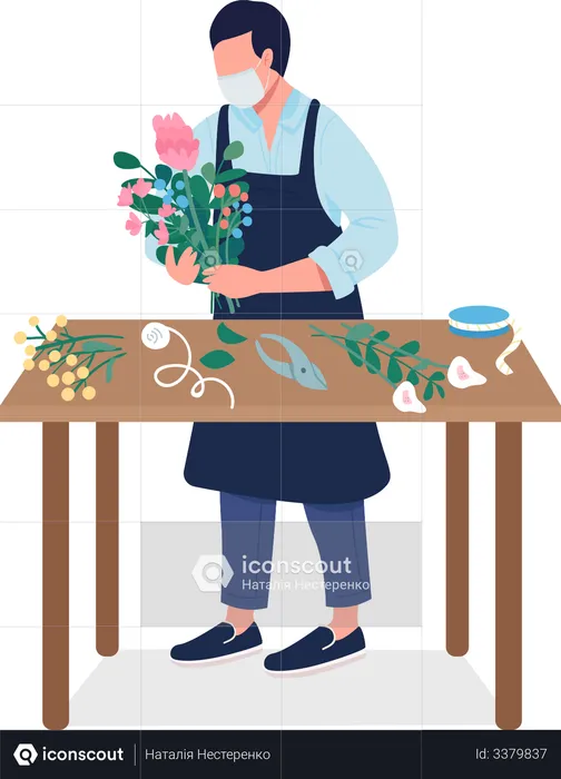 Florist with flowers in mask  Illustration