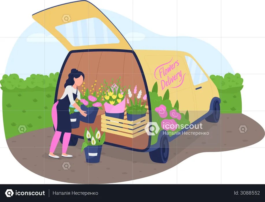 Florist with flowers truck  Illustration