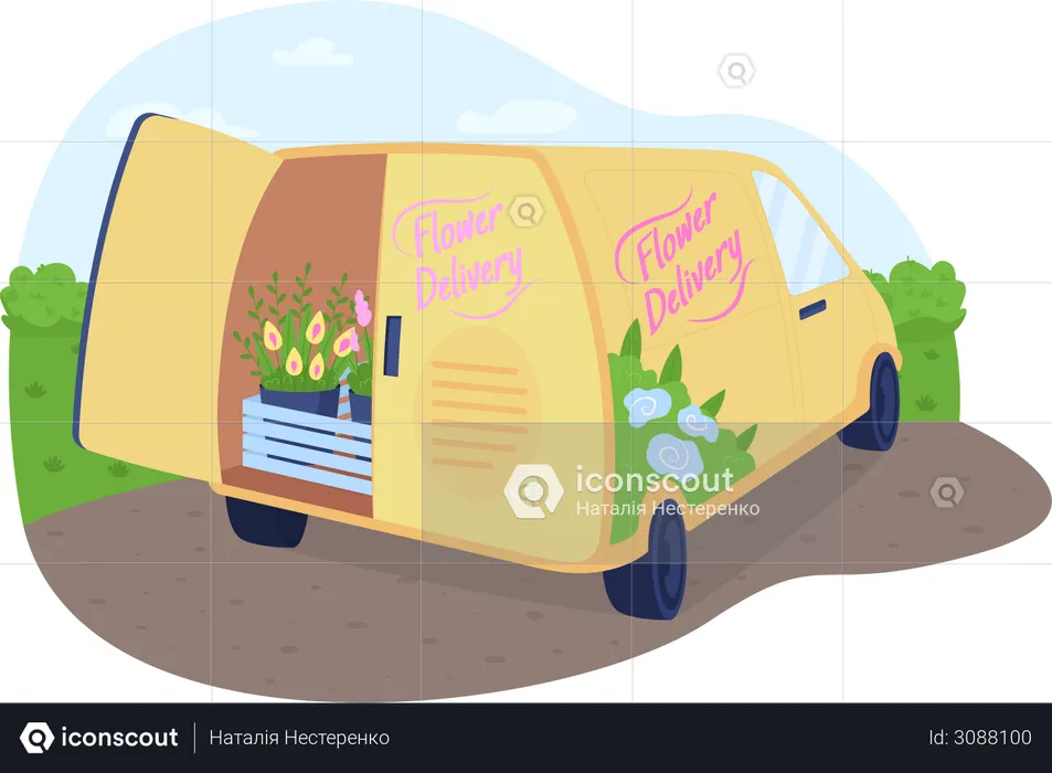 Best Flower delivery van Illustration download in PNG & Vector format