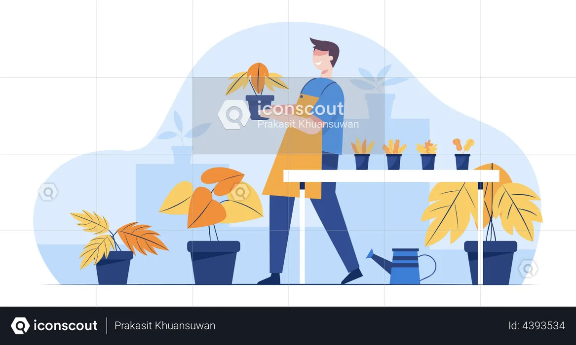 Flower store owner maintaining flower pot  Illustration