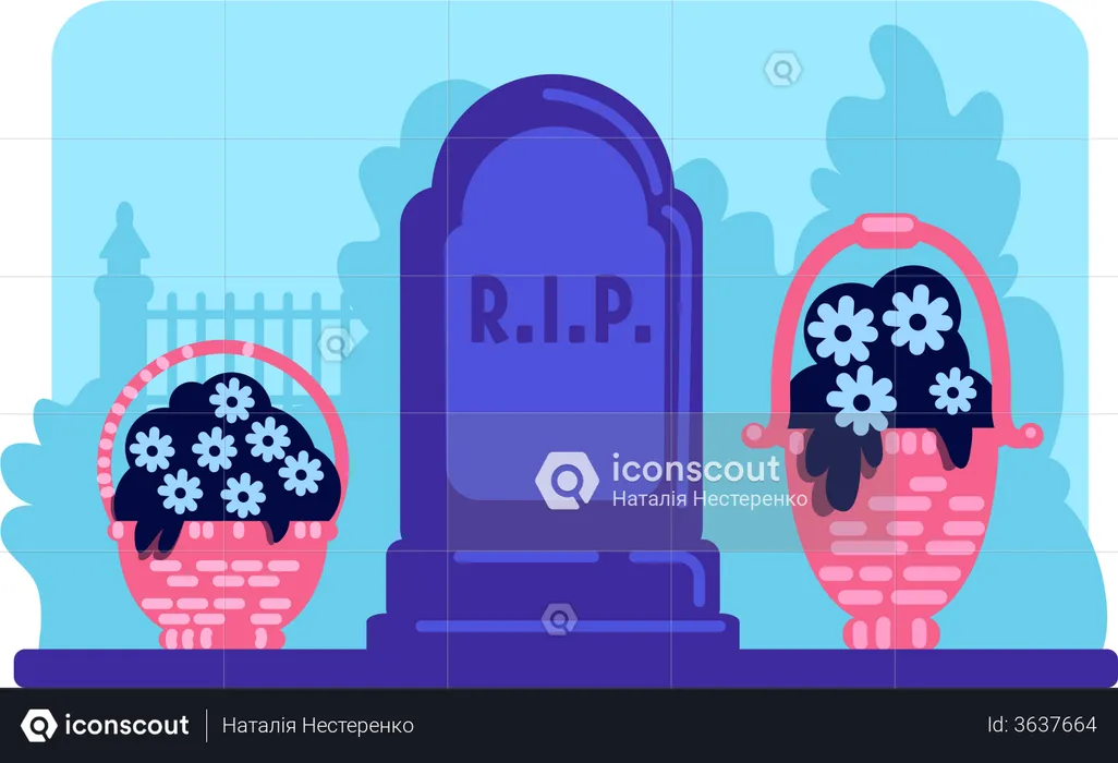 Flowers and tombstone  Illustration