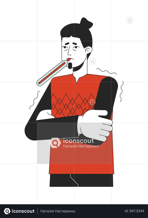 Flu feverish Caucasian man with thermometer  Illustration