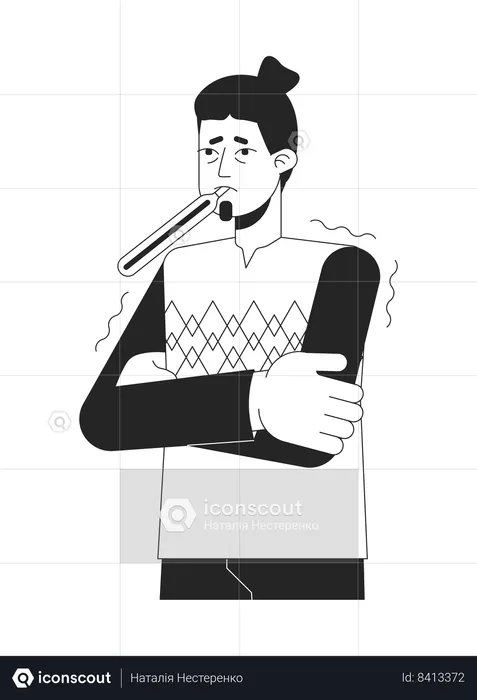 Flu feverish Caucasian man with thermometer  Illustration