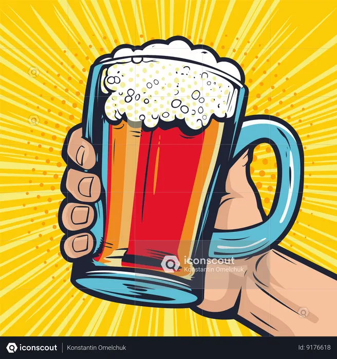Foamy glass mug of beer in hand  Illustration