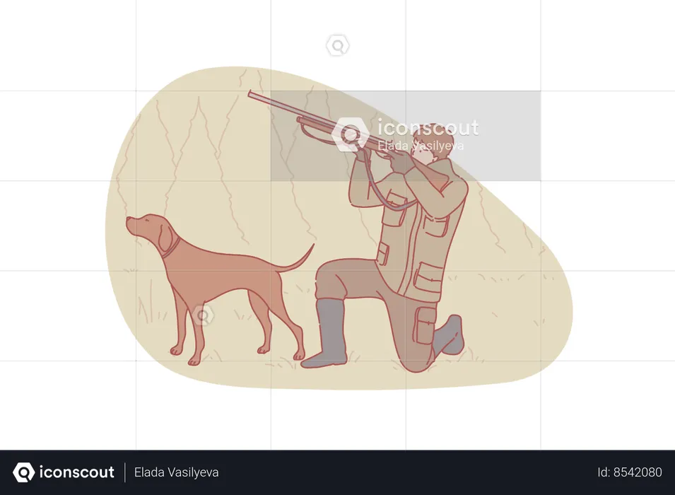 Focused careful crouching boy with dog setter hunting duck  Illustration