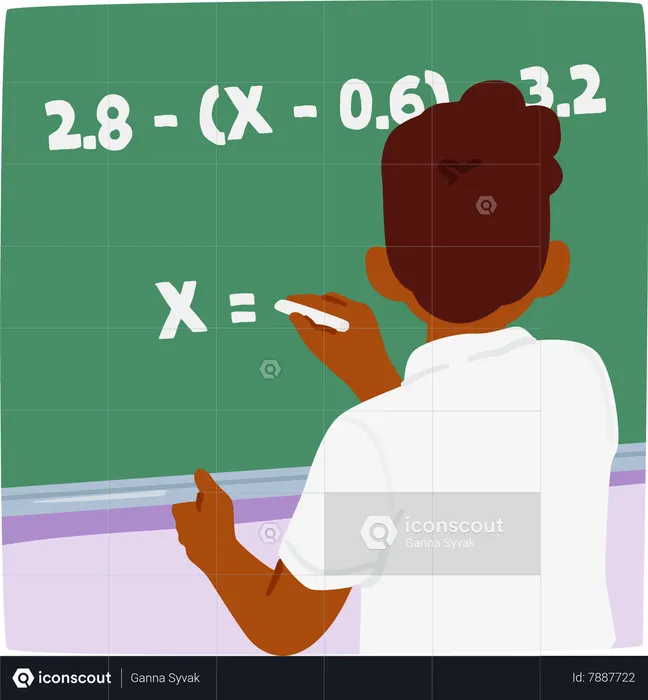 Focused Schoolboy Confidently Solving Math Problem On The Blackboard  Illustration