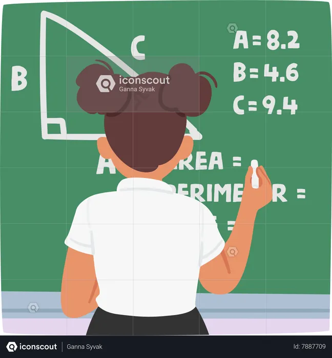 Focused Schoolgirl Confidently Solving A Task On The Blackboard  Illustration