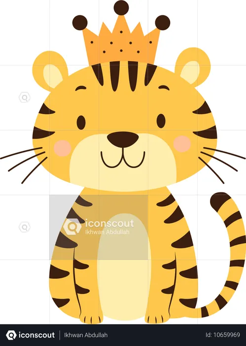 Lindo e adorável personagem animal tigre bebê usando coroa de rei  Ilustração