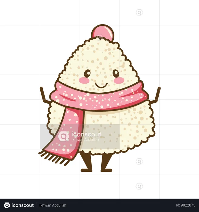 Onigiri fofo usando xale rosa com expressão de sorriso  Ilustração