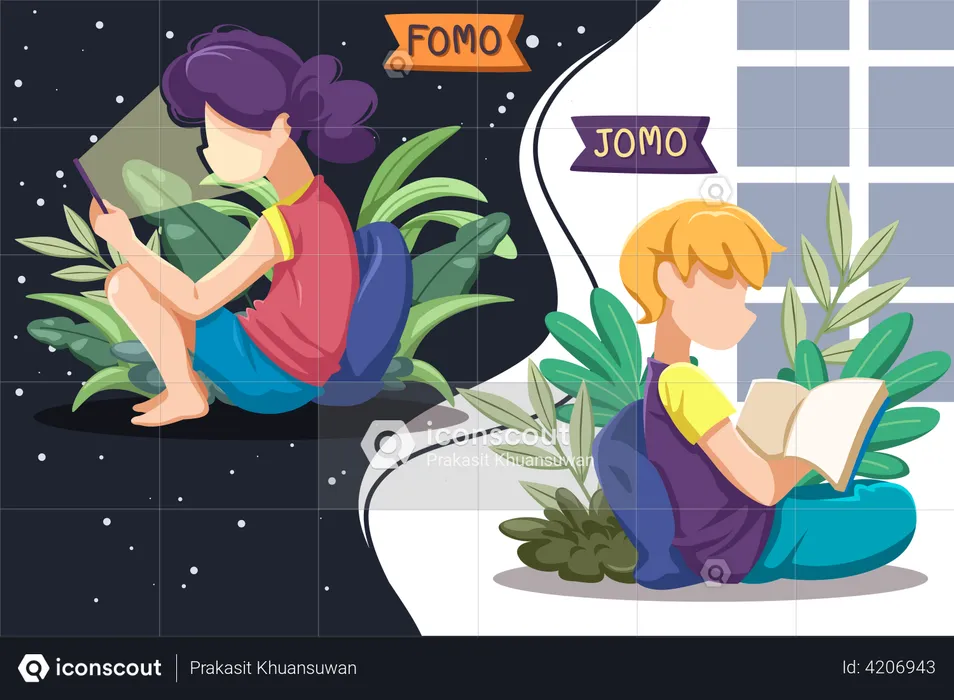 Fomo Girl using smartphone and Jomo reading book  Illustration