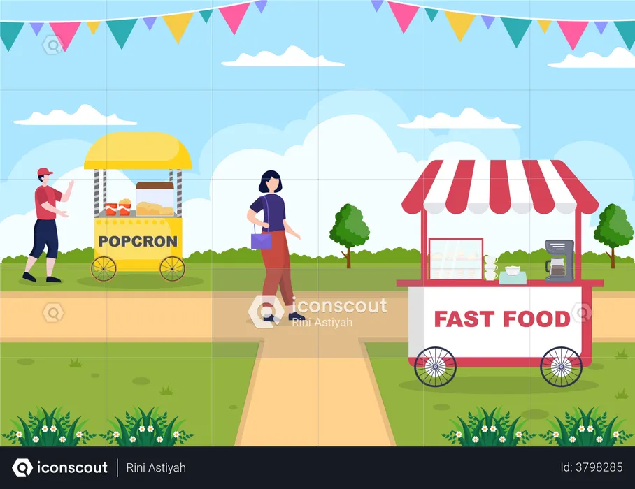 Food booths at amusement park Illustration
