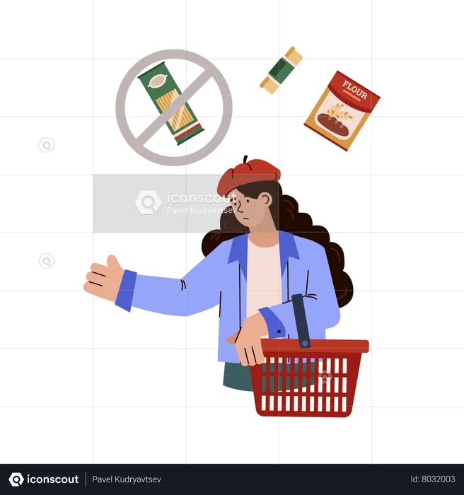 Food crisis with woman refusing to buy expensive groceries  Illustration