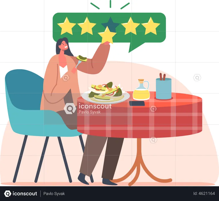 Food Critic Sitting at Table Enjoying Delicious Five Stars Meals  Illustration