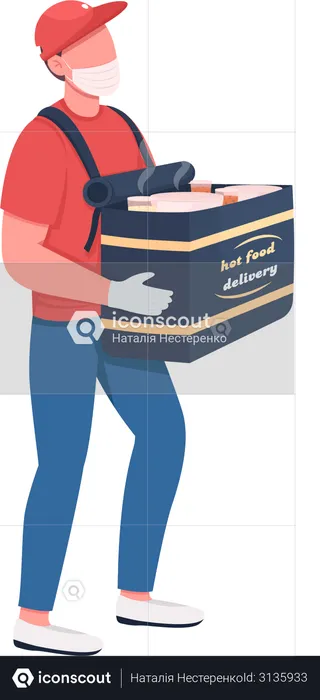 Food delivery carrier in mask  Illustration