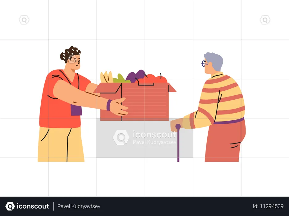 Food exchange showing a volunteer sharing food with an old man  Illustration