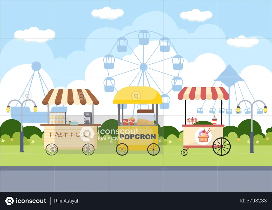Best Premium Food stall at amusement park Illustration download in PNG &  Vector format