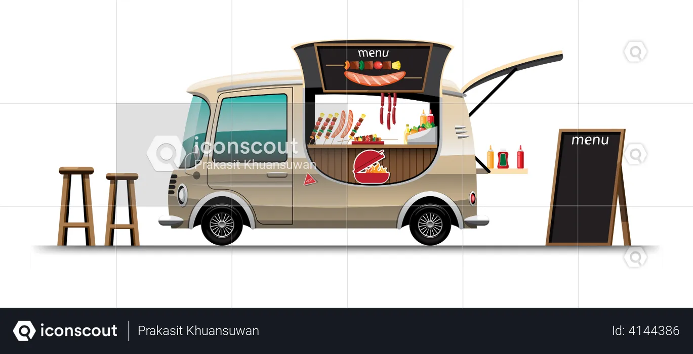Food truck with barbecue and wooden chair  Illustration