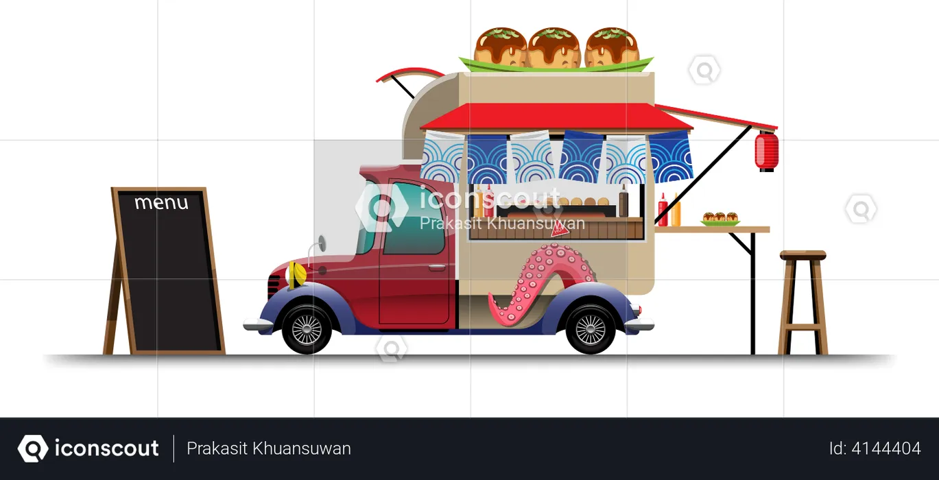 Food truck with Japanese snack with menu board  Illustration