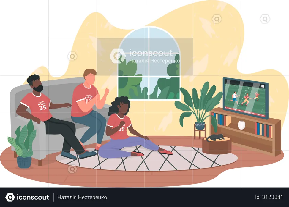 Football fans playing game on TV at home  Illustration