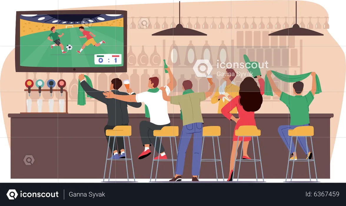 Football fans watching match on tv in night club  Illustration