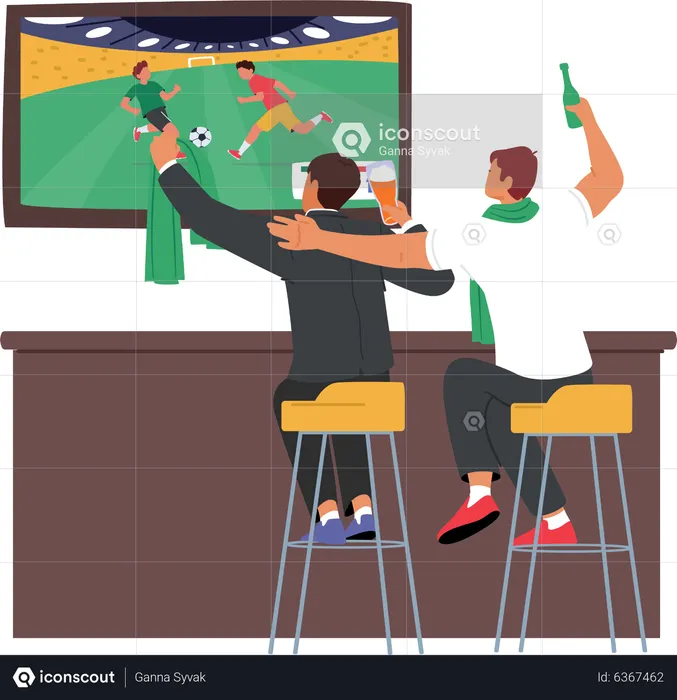 Football fans watching match while sitting on bar chairs  Illustration