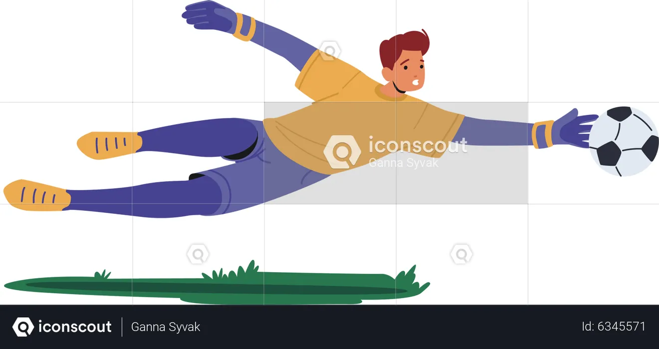 Football goalkeeper jump and catch ball in soccer match  Illustration