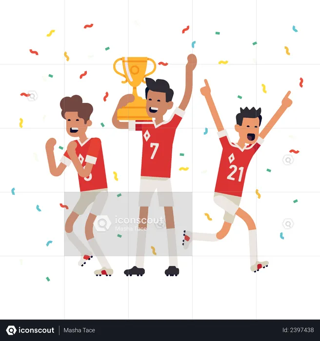 Football team players celebrating golden cup they just won  Illustration