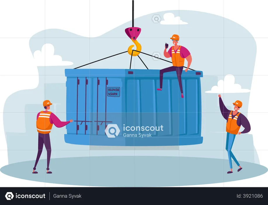 Foremen loading container box from cargo ship  Illustration