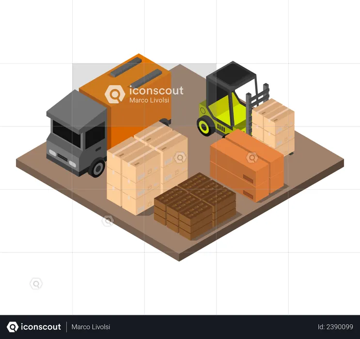 Fork lift unloading product boxes from truck  Illustration