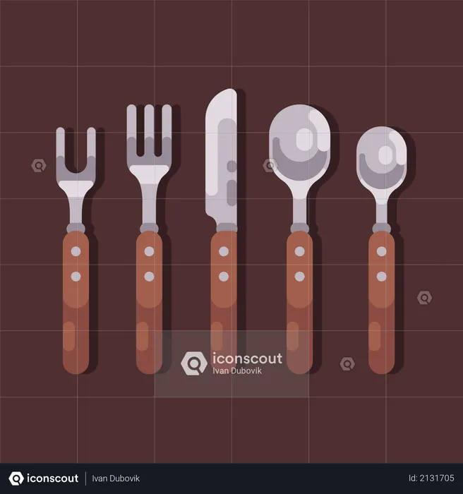 Forks, spoons, knife with wooden handles  Illustration
