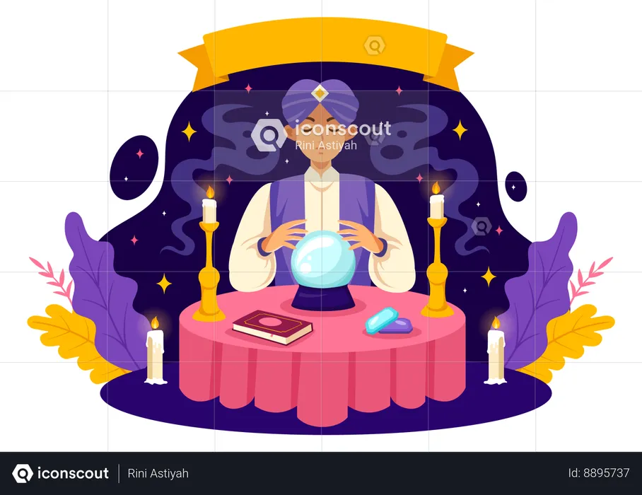 Fortune Teller with magic book and magic ball  Illustration