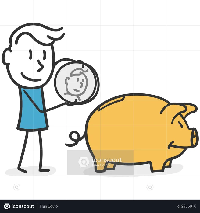 Forward thinking man who saves his earnings in a piggy bank  Illustration