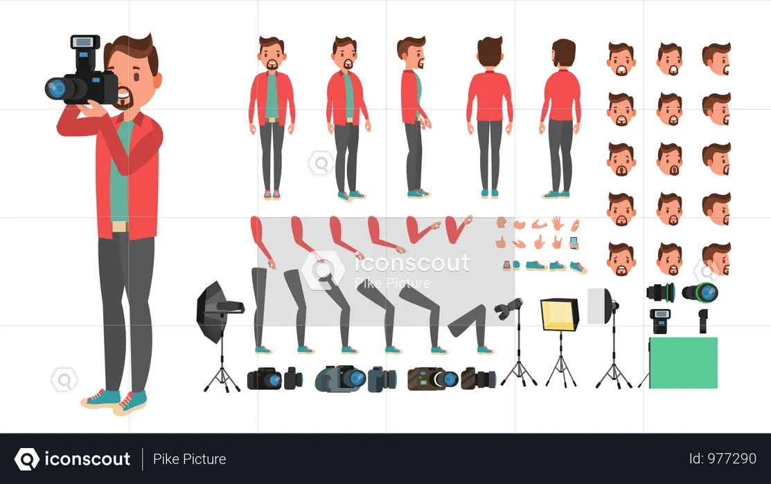 Fotografo che scatta foto con posa diversa utilizzata nell'animazione  Illustration