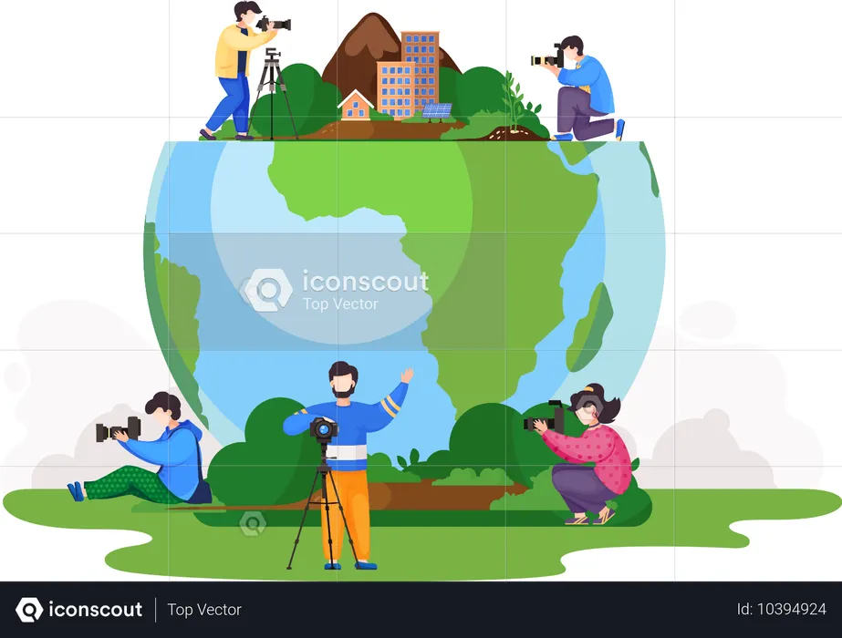 Fotógrafos tirando fotos usando equipamentos profissionais  Ilustração