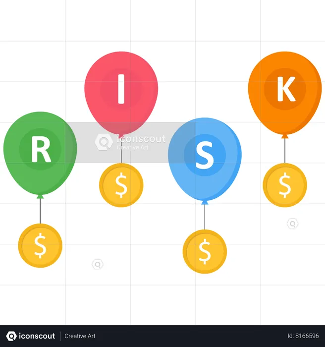 Four risky balloons flying into the sky with gold dollar coins tied up  Illustration