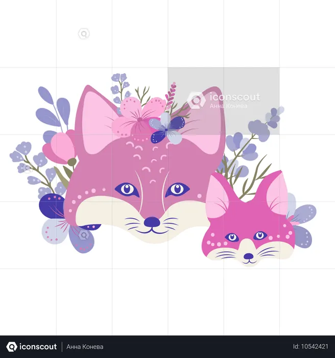 Fox mother and baby fox with flowers  Illustration