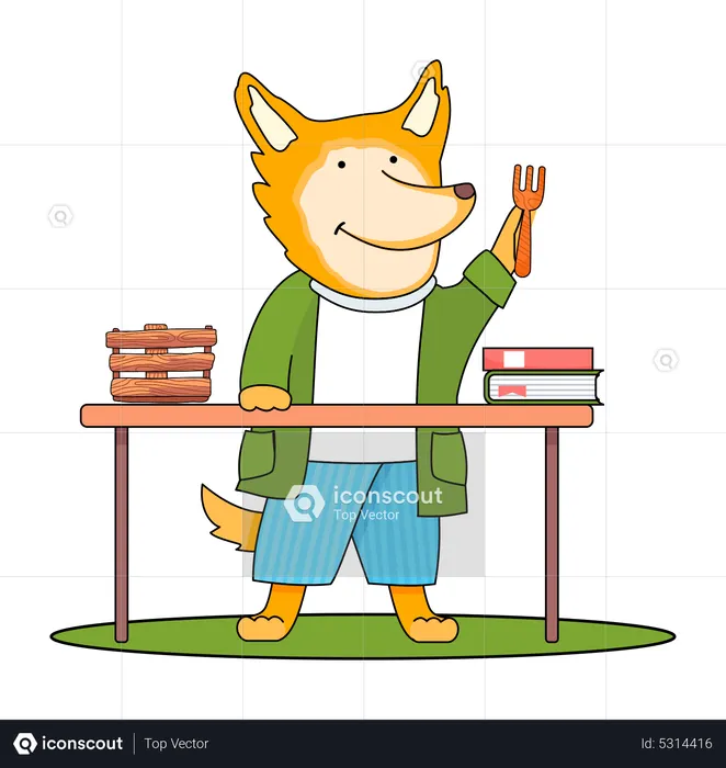 Fox playing with wooden fork  Illustration